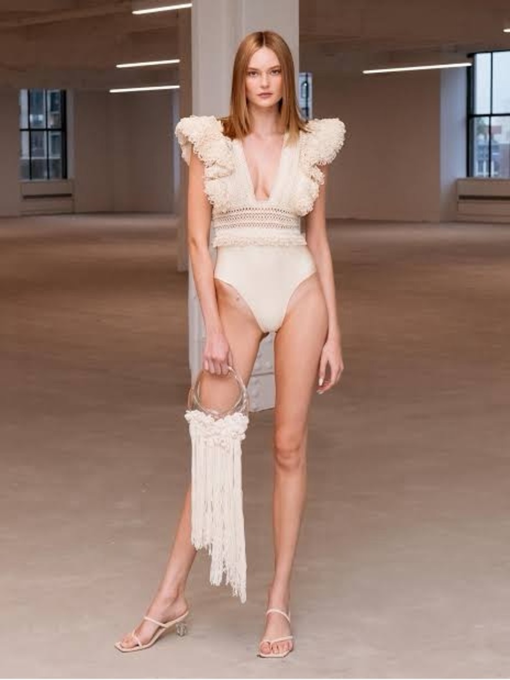 PatBO Cream Ruffle V-Neck One-Piece Swimsuit